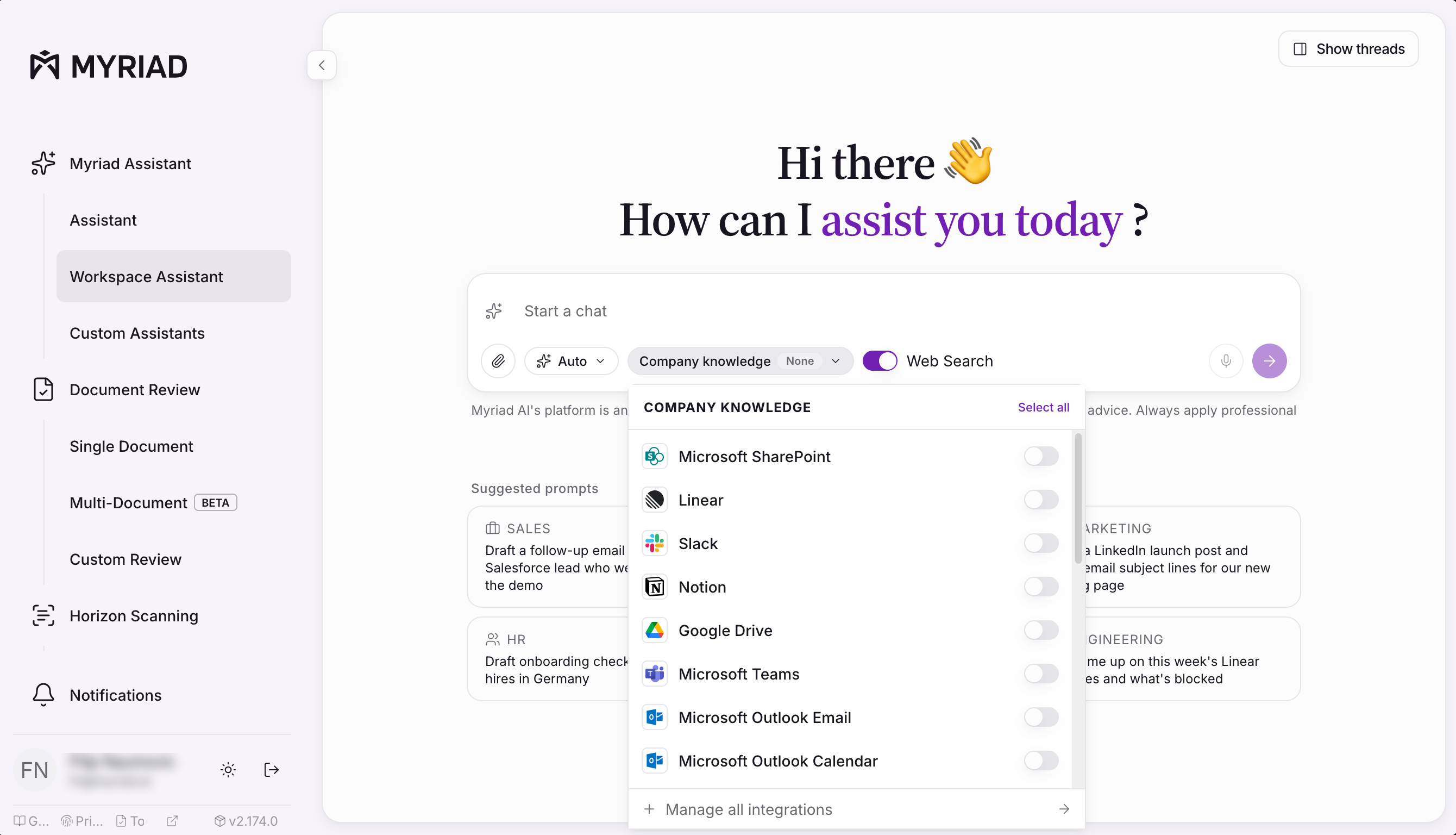 Company knowledge panel with SharePoint, Slack, Notion and Google Drive integrations