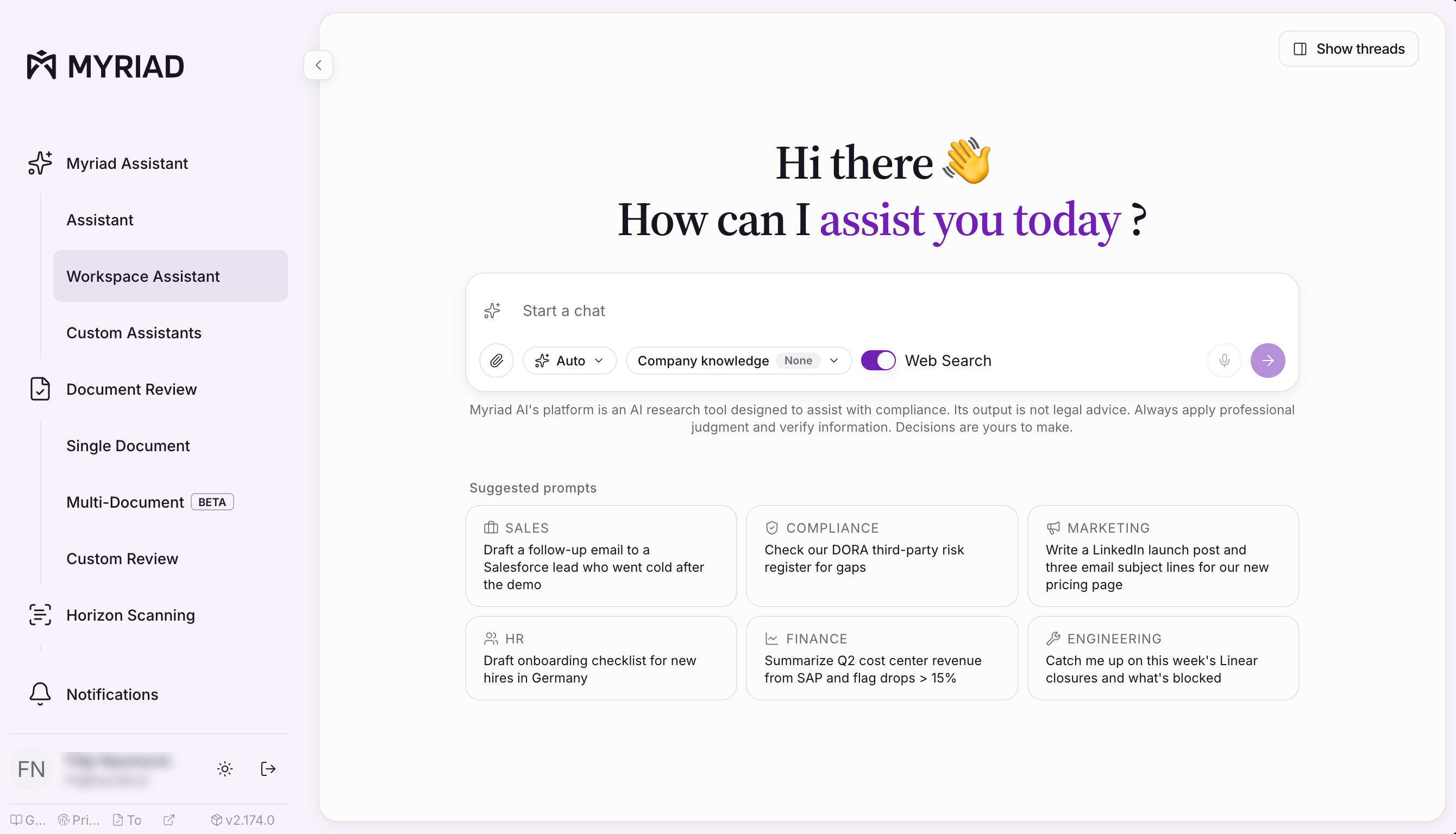 Myriad Perimeter workspace with model selection, company knowledge and suggested prompts